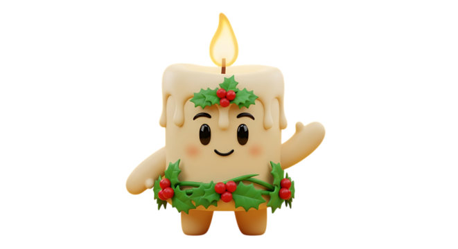 Festive candle character spreading holiday cheer with a cheerful smile and foliage