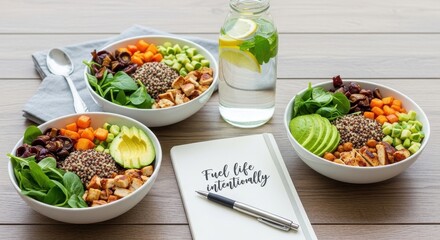 Healthy Food Bowls with Water and Notebook on Wooden Table