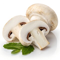 Premium White Mushroom Slices with Green Leaf on Pure White Background – Ultra High-Resolution Studio Photo