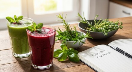 Healthy juice drink with fresh herbs on a wooden table