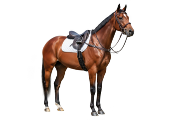 Beautiful chestnut horse with saddle and bridle standing tall in a studio shot, equine photography, isolated on transparent background