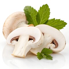 Premium White Mushroom Slices with Green Leaf on Pure White Background – Ultra High-Resolution Studio Photo