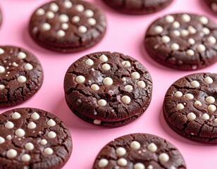 Stacked chocolate cookies with white chips on pink background
