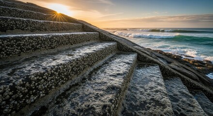 Stone stairs descending to the ocean at sunset