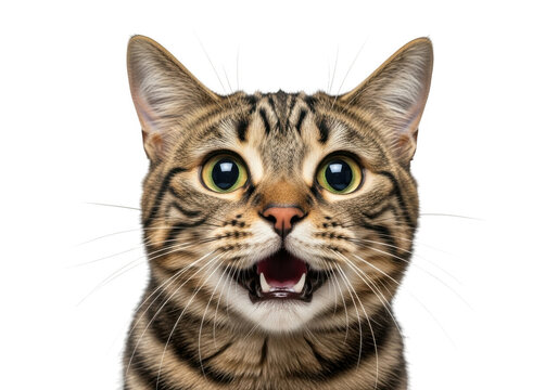 Surprised bengal cat face close-up portrait with open mouth, whiskers, and green eyes, pet feline animal photography, transparent background isolated on transparent background