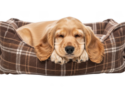 Cute cocker spaniel puppy sleeping peacefully in brown plaid dog bed pet animal canine domestic breed relaxing nap isolated on transparent background - Powered by Adobe