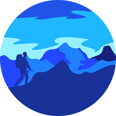 Silhouette hiker with backpack on mountain range in blue gradient sky background
