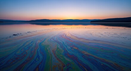 A beautiful sunset reflection on water with colorful patterns