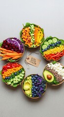 A colorful overhead view of fresh healthy salads in bowls