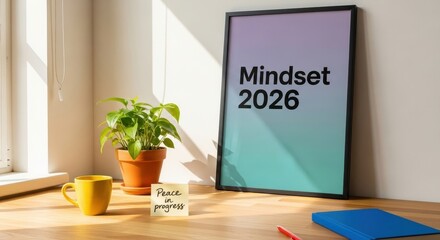 A framed poster displaying the word Mindset and a message of Peace on a desk