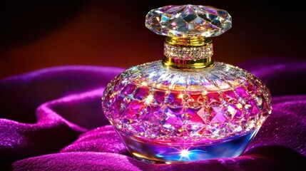 Elegant Jewel Toned Perfume Bottle Displayed on a Violet Cloth
