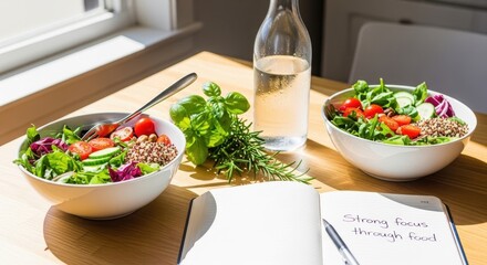 A Healthy Meal with Salad and Water on a Wooden Table