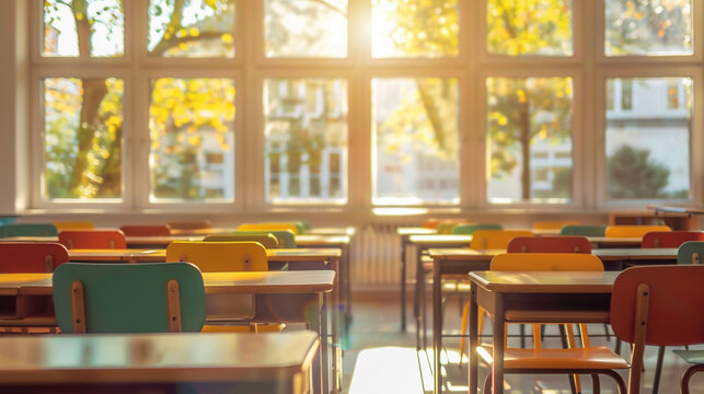 Blurred view of a bright elementary classroom decorated with alphabet letters, colorful drawings and storage compartments. - Powered by Adobe