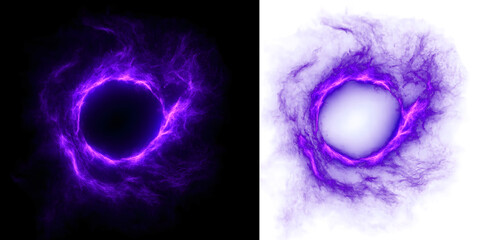 Dynamic pair of glowing purple energy portals or magical effects, one intensely bright on a black background and the other a smoky aura on white, perfect for fantasy, sci-fi, or digital game designs