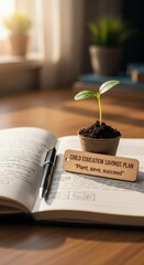 A seedling plant growing from pot next to open book illustrating child education savings plan