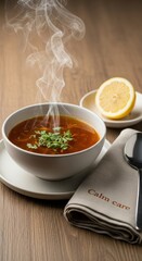 A steaming bowl of soup with lemon slices on the side