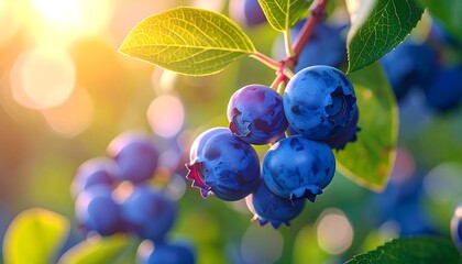 Close-up of Ripe Blueberries with Golden Sunlight