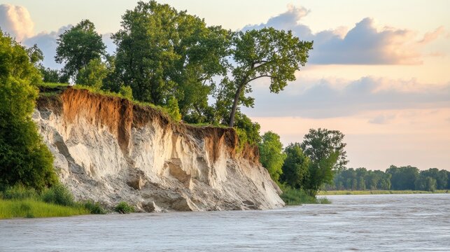 Eroded riverbank revealing layers of soil rock and vegetation