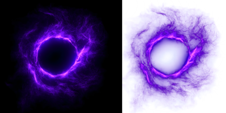 Dynamic pair of glowing purple energy portals or magical effects, one intensely bright on a black background and the other a smoky aura on white, perfect for fantasy, sci-fi, or digital game designs