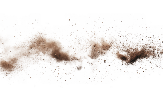 Dust cloud explosion sandstorm dirt debris particle effect brown beige isolated on transparent background