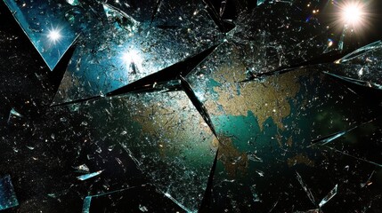 Fragmented mirror surface with fractured glass reflecting light