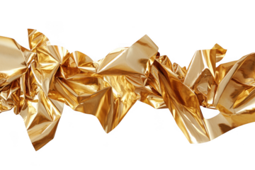 Golden foil texture wrinkled metallic shiny material crumpled sheet decoration design element isolated on transparent background