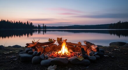 Campfire burning near a calm lake at sunset time