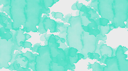 Vibrant teal watercolor paint splashes and washes on white background, abstract art texture, soft...