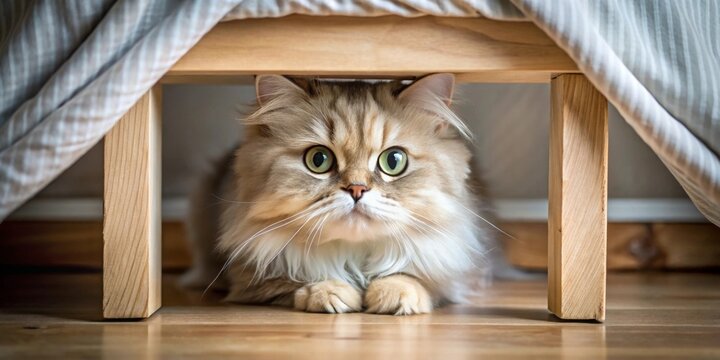 A fluffy feline friend hides playfully beneath a wooden bed frame, its large, expressive eyes peering out from under a soft, striped blanket.