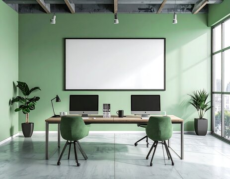 Green office two desks, computers, blank framed art