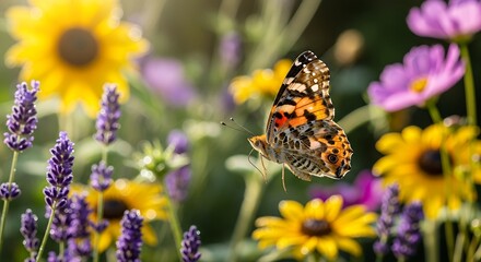 Butterfly on lavender flowers in a summer meadow