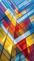 Prismatic light patterns reflecting through modern office building glass panels. Urban architectural abstraction with colorful geometric shapes for commercial real estate exterior corporate identity.