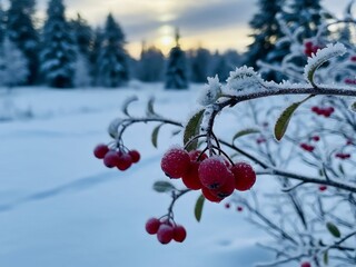 Frozen red berries on branch in snowy winter forest at sunrise. Generative AI.