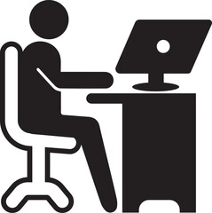 Working at office Desk on computer. Black and White vector Icon.