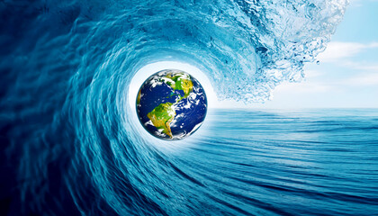 Ocean wave forming shape of planet Earth, clean energy art. 