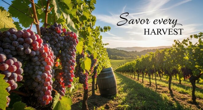 Ripe grapes hanging on vines in a sunny vineyard during harvest season - Powered by Adobe
