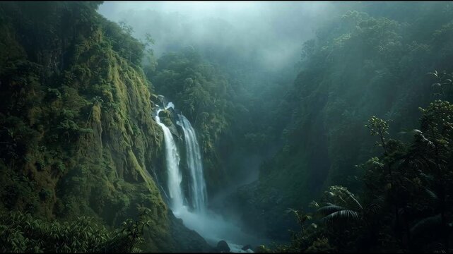 Misty Tropical Waterfall Cascading Down Mossy Cliffs in Dense Rainforest Jungle