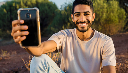 Portrait of smiling man in casual clothes holding phone.