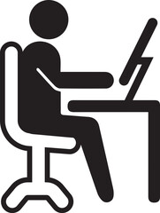 Working at office Desk on computer. Black and White vector Icon.