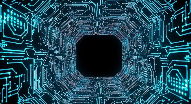 Abstract futuristic glowing blue digital circuit board tunnel leading to a dark void - Powered by Adobe
