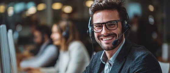 Customer care representative in professional setting. Business service concept client communication in call center operation environment for professional consultation service and customer support.