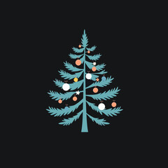 A stylized illustration of a decorated Christmas tree against a dark background.