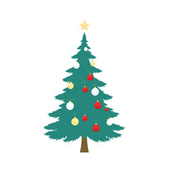 A decorated Christmas tree with red, white, and gold ornaments, topped with a yellow star.