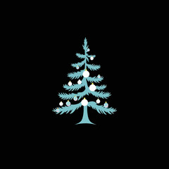 Stylized Christmas tree illustration, light blue, decorated with white ornaments, isolated on a black background.