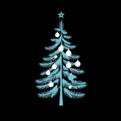 Stylized Christmas tree illustration with ornaments and a star on top, set against a dark background.
