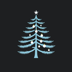 A stylized, light blue Christmas tree decorated with white ornaments and a star.