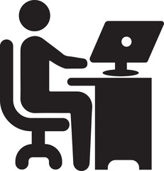 Working at office Desk on computer. Black and White vector Icon.