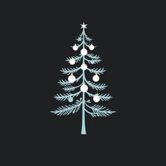 Stylized Christmas tree illustration with white ornaments and a star on a dark background.