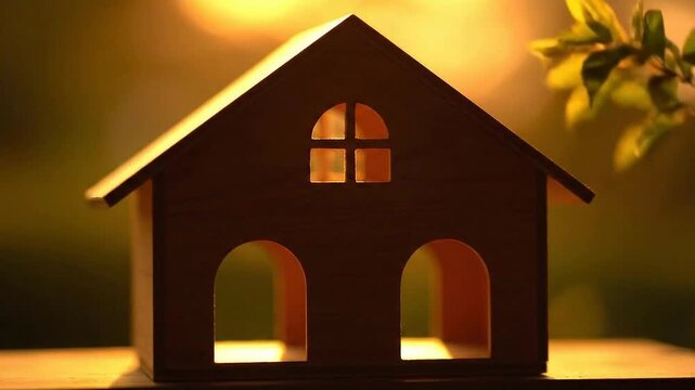 Brown Wooden House Model with a Triangular Roof, Arched Doorways, Rectangular Windows and a Soft Golden Bokeh Background Creates a Warm and Inviting Ambience for Real Estate Concepts