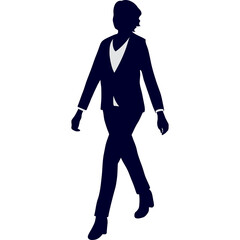 Silhouette of a business woman in a dark blue suit walking confidently with a white shirt showing and a transparent background ideal for corporate designs